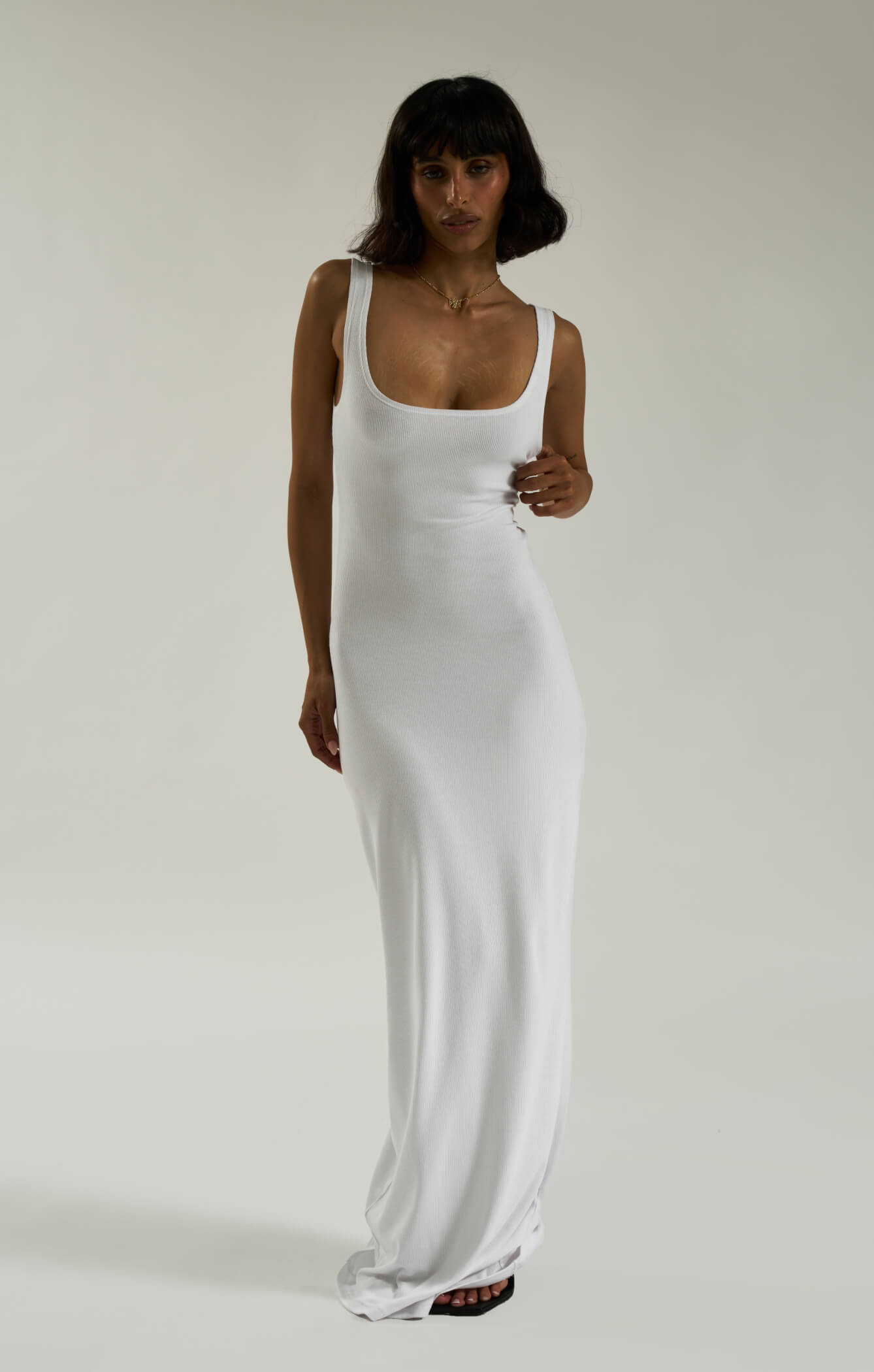 white ribbed maxi dress THE LUXE RIB SCOOP NECK MAXI DRESS WHITE