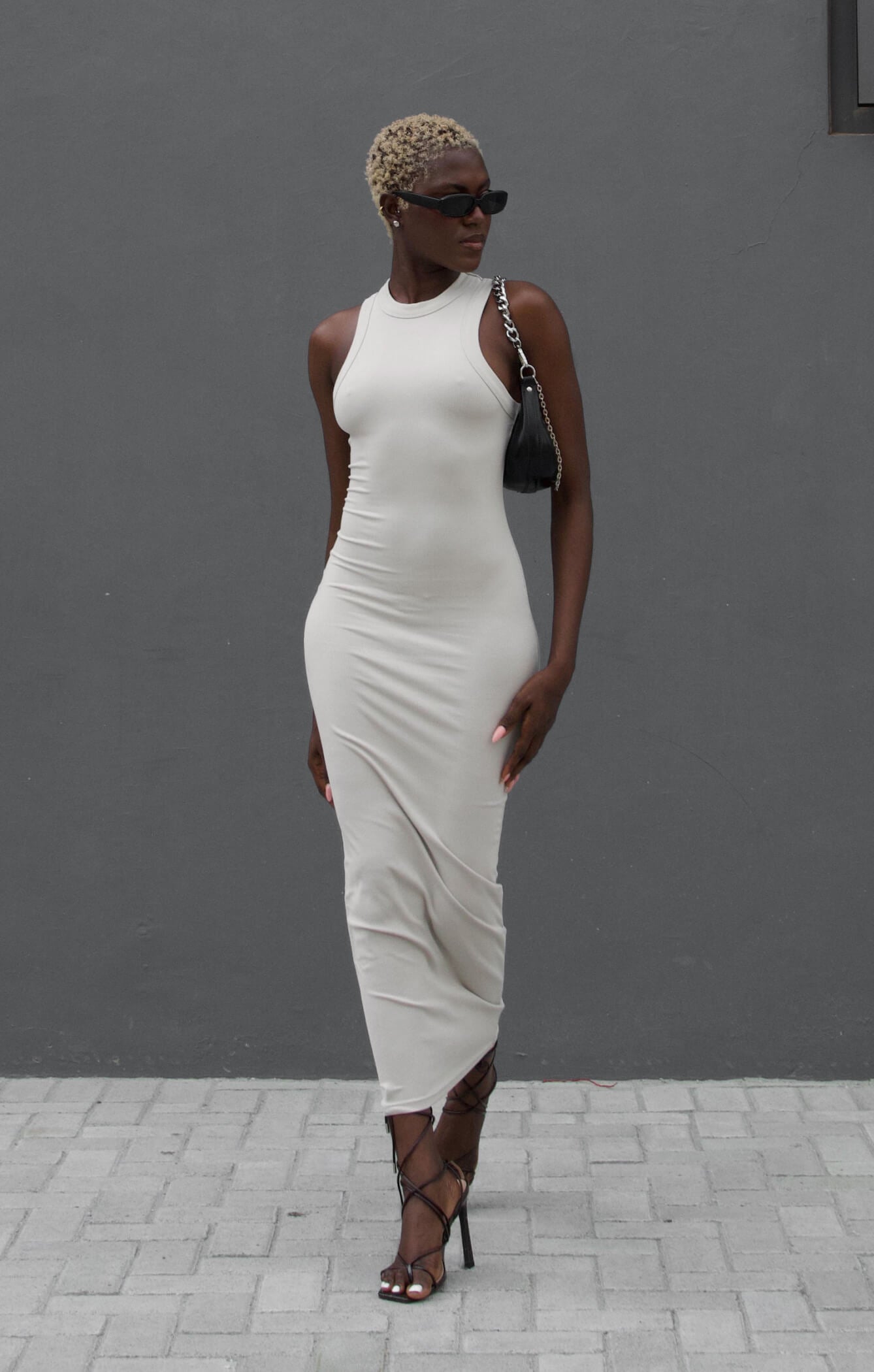 THE LUXE RIB HIGH NECK MIDI DRESS - STONE