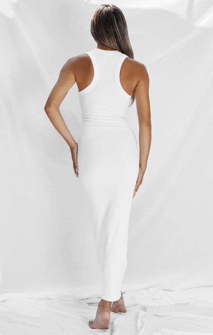 THE LUXE RIB HIGH NECK MIDI DRESS - WHITE