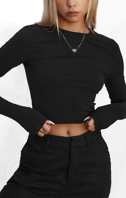THE LUXE RIB LONG SLEEVE CROP - BLACK