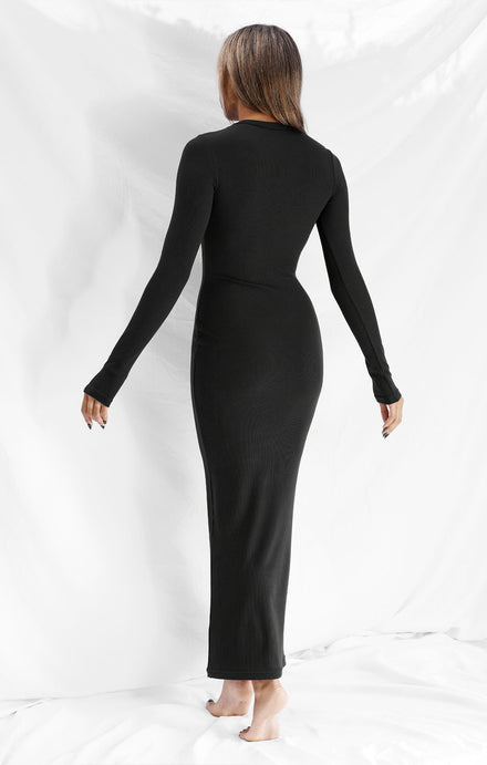 THE LUXE RIB LONG SLEEVE MIDI DRESS - BLACK