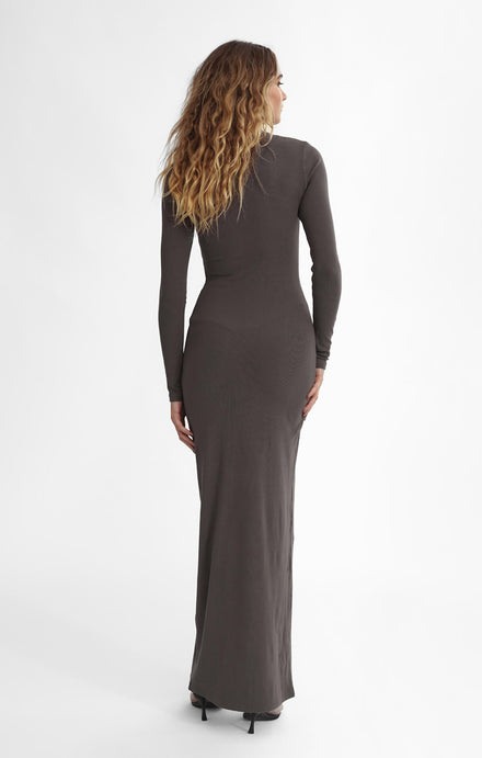 THE LUXE RIB LONG SLEEVE HENLEY MAXI - ESPRESSO