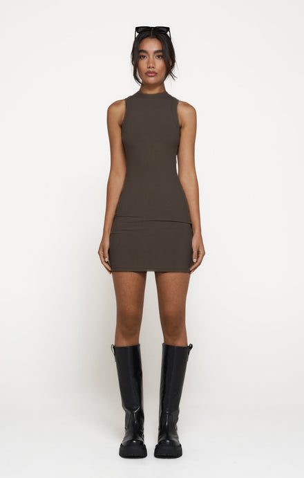 THE LUXE RIB HIGH NECK MINI DRESS - ESPRESSO