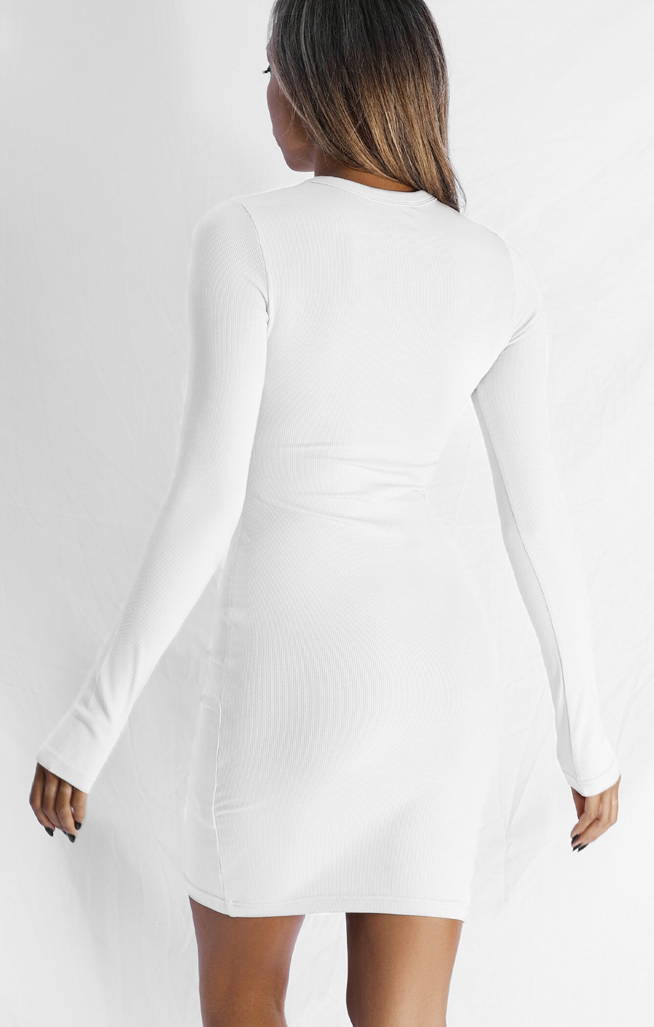 THE LUXE RIB LONG SLEEVE MINI DRESS - WHITE