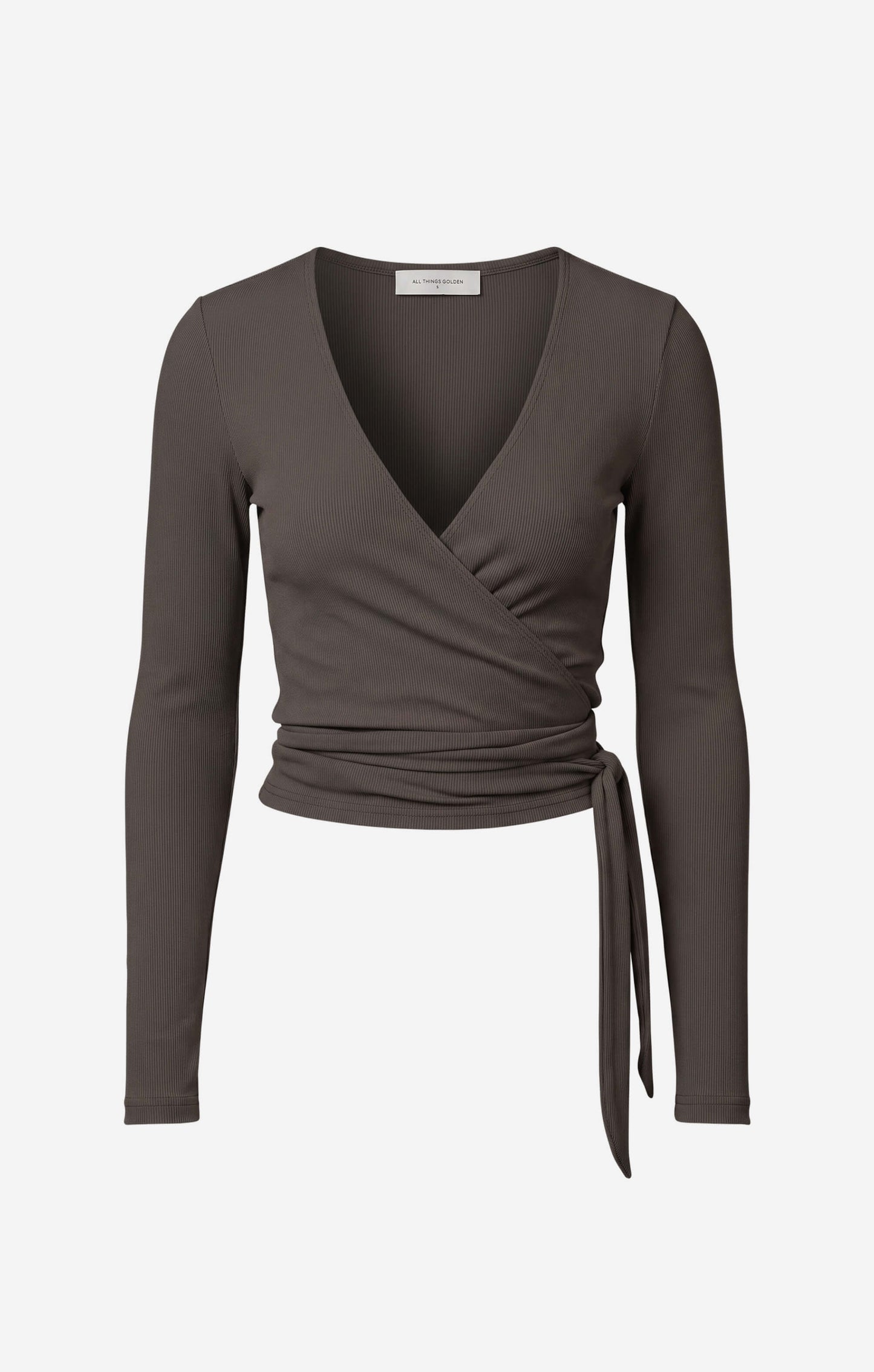 THE LUXE RIB LONG SLEEVE WRAP TOP - ESPRESSO