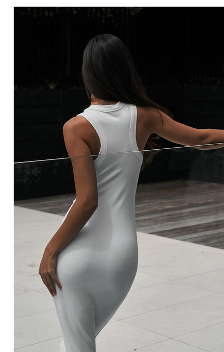 THE LUXE RIB HIGH NECK MIDI DRESS - WHITE