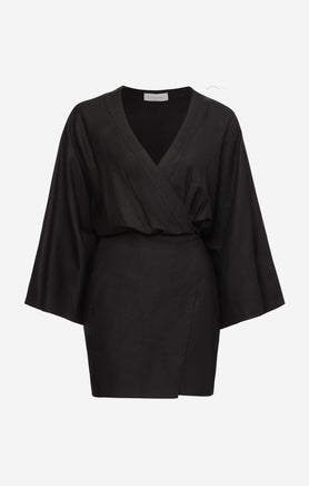 THE LINEN KIMONO DRESS - BLACK