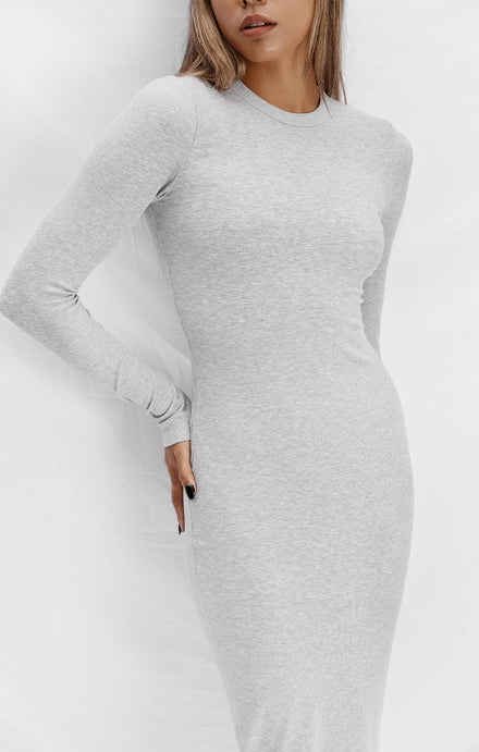 THE LUXE RIB LONG SLEEVE MIDI DRESS - MID GREY