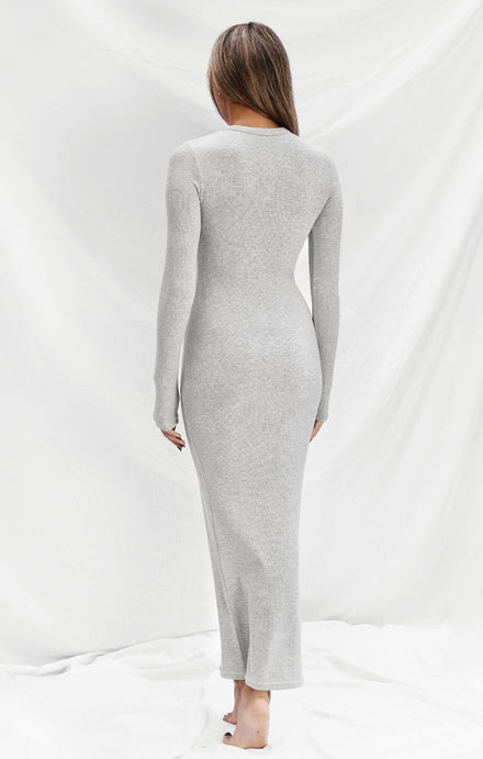 THE LUXE RIB LONG SLEEVE MIDI DRESS - MID GREY