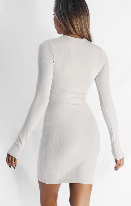 THE LUXE RIB LONG SLEEVE MINI DRESS - STONE