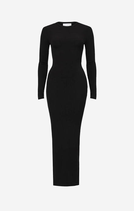 THE LUXE RIB LONG SLEEVE MIDI DRESS - BLACK