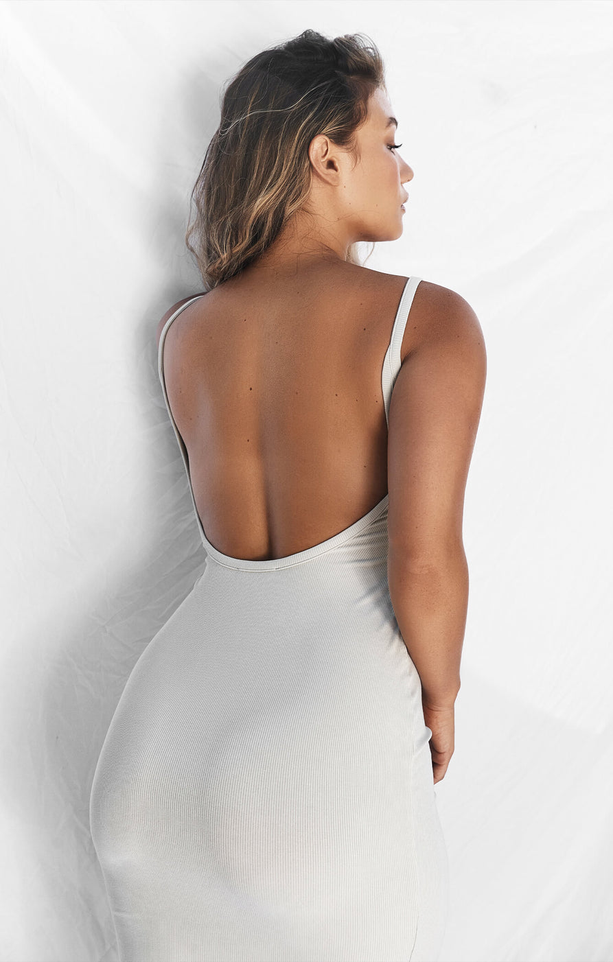 THE LUXE RIB LOW BACK MIDI DRESS - STONE – All Things Golden