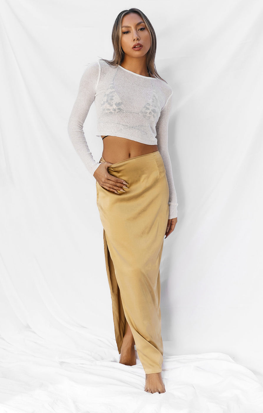 Gold satin maxi skirt Clearance